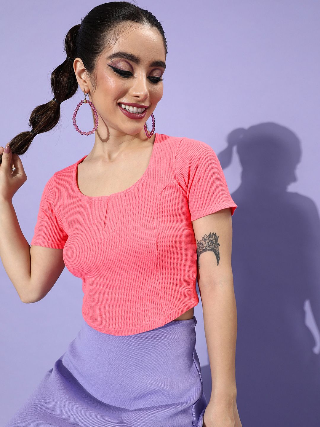 People Pink Self Design Knitted Crop Top Price in India