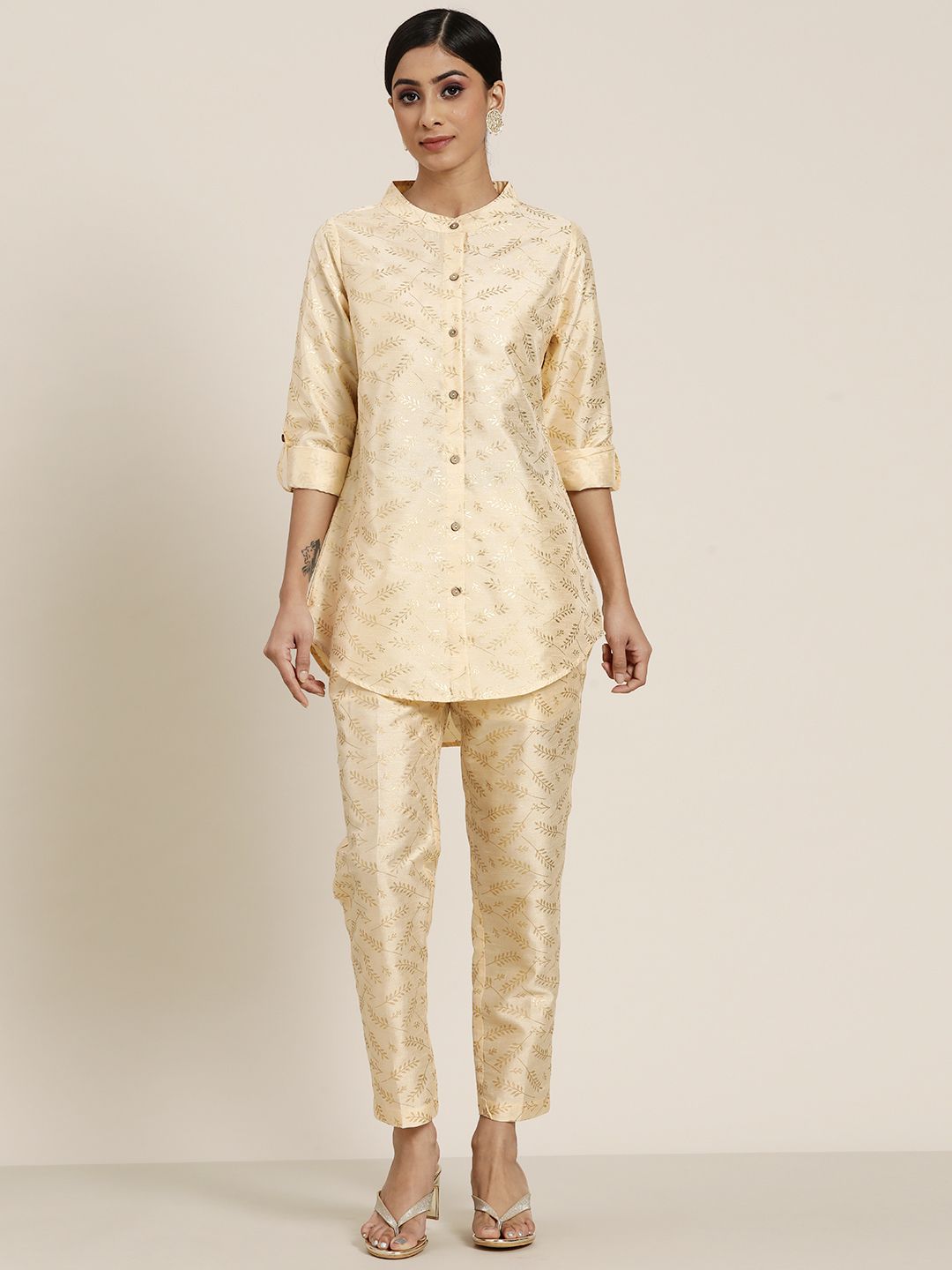 Shae by SASSAFRAS Beige Foil Printed Shirt with Pencil Trousers Price in India