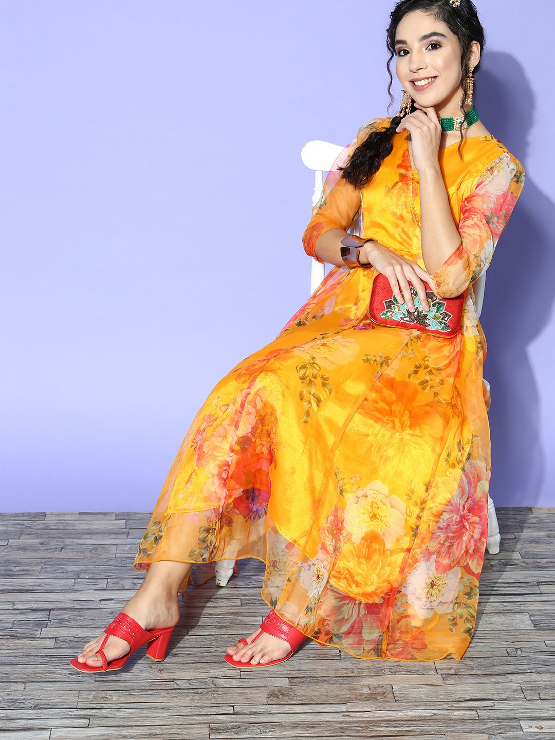 Shae by SASSAFRAS Yellow & Red Floral Ethnic Midi Dress Price in India