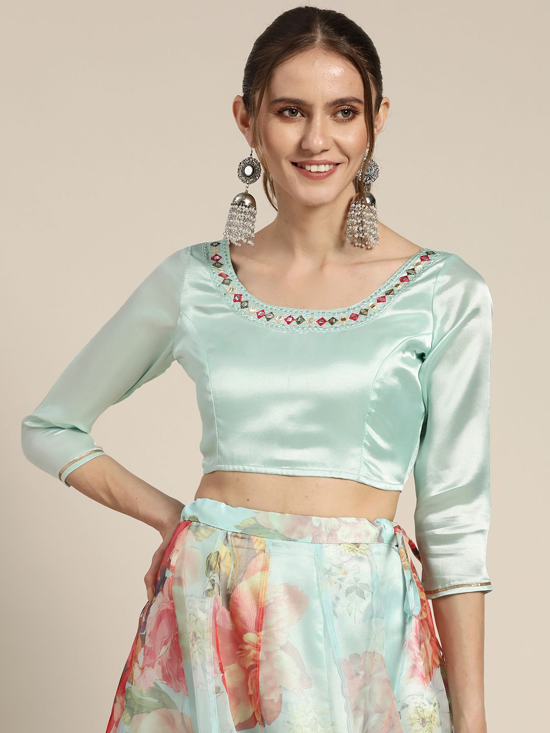 Shae by SASSAFRAS Sea Green Geometric Embroidered Satin Crop Top Price in India