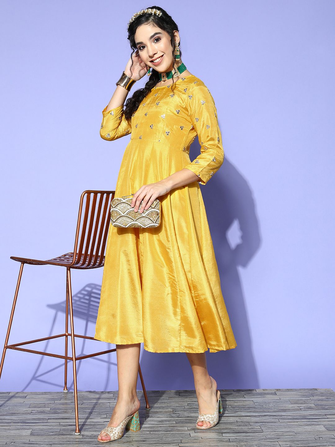 Shae by SASSAFRAS Women Mustard Embellished Shimmer & Sequins Dress Price in India