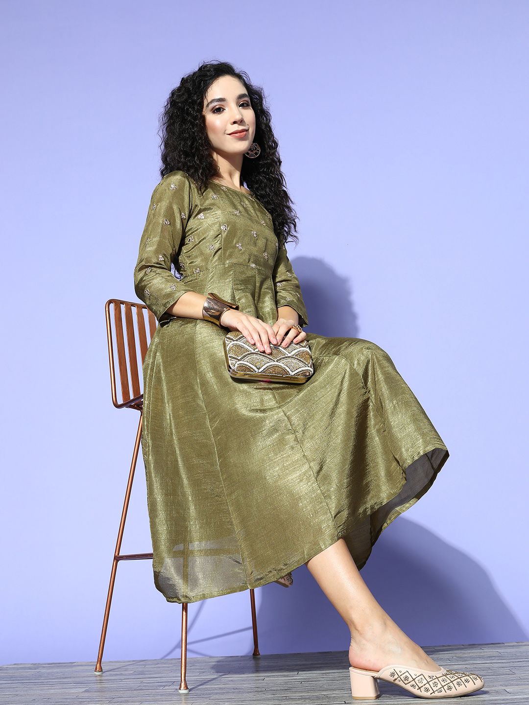 Shae by SASSAFRAS Women Olive Embellished Shimmer & Sequins Dress Price in India