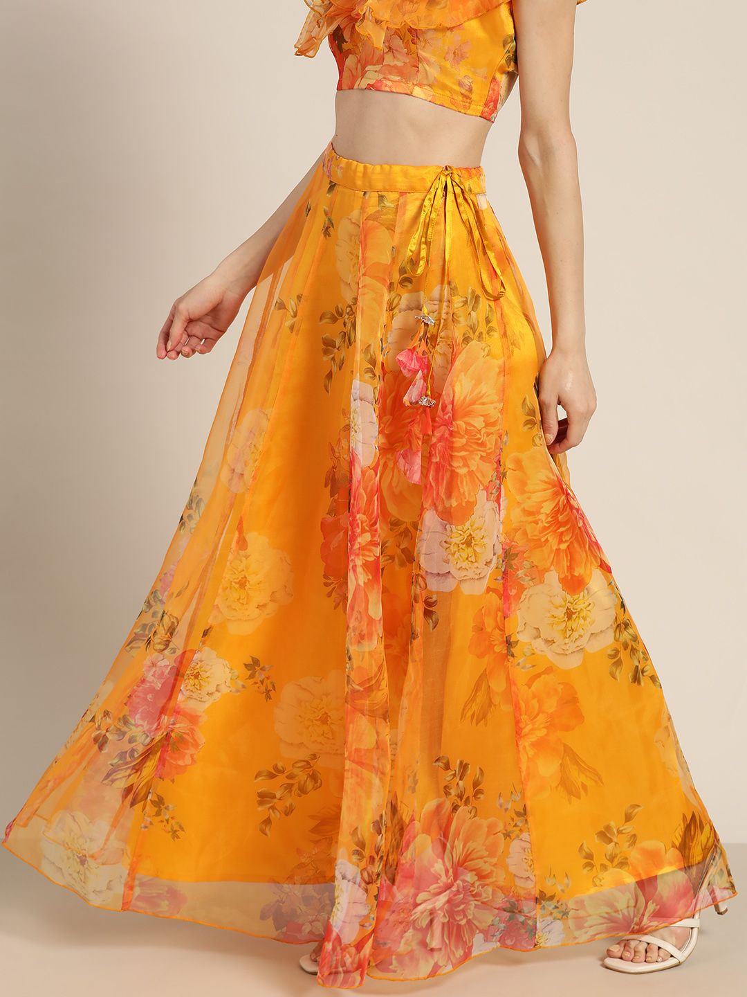 Shae by SASSAFRAS Yellow Floral Organza Anarkali Flared Skirt Price in India