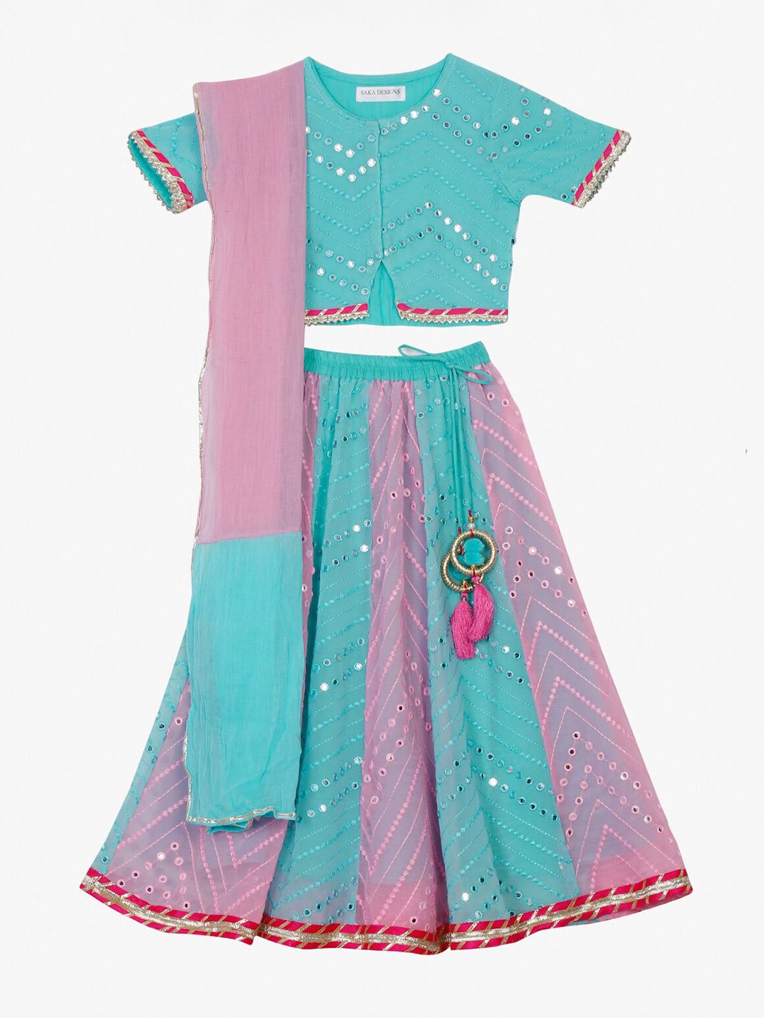 SAKA DESIGNS Girls Blue & Pink Embroidered Mirror Work Ready to Wear Lehenga & Blouse With Dupatta Price in India
