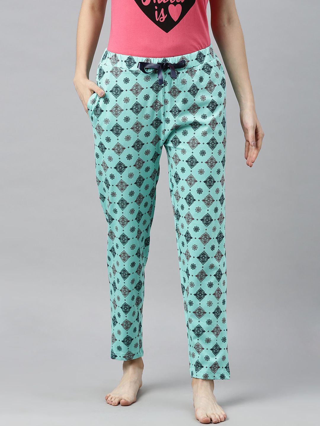 Enviously Young Women Sea Green Printed Pure Cotton Lounge Pants Price in India