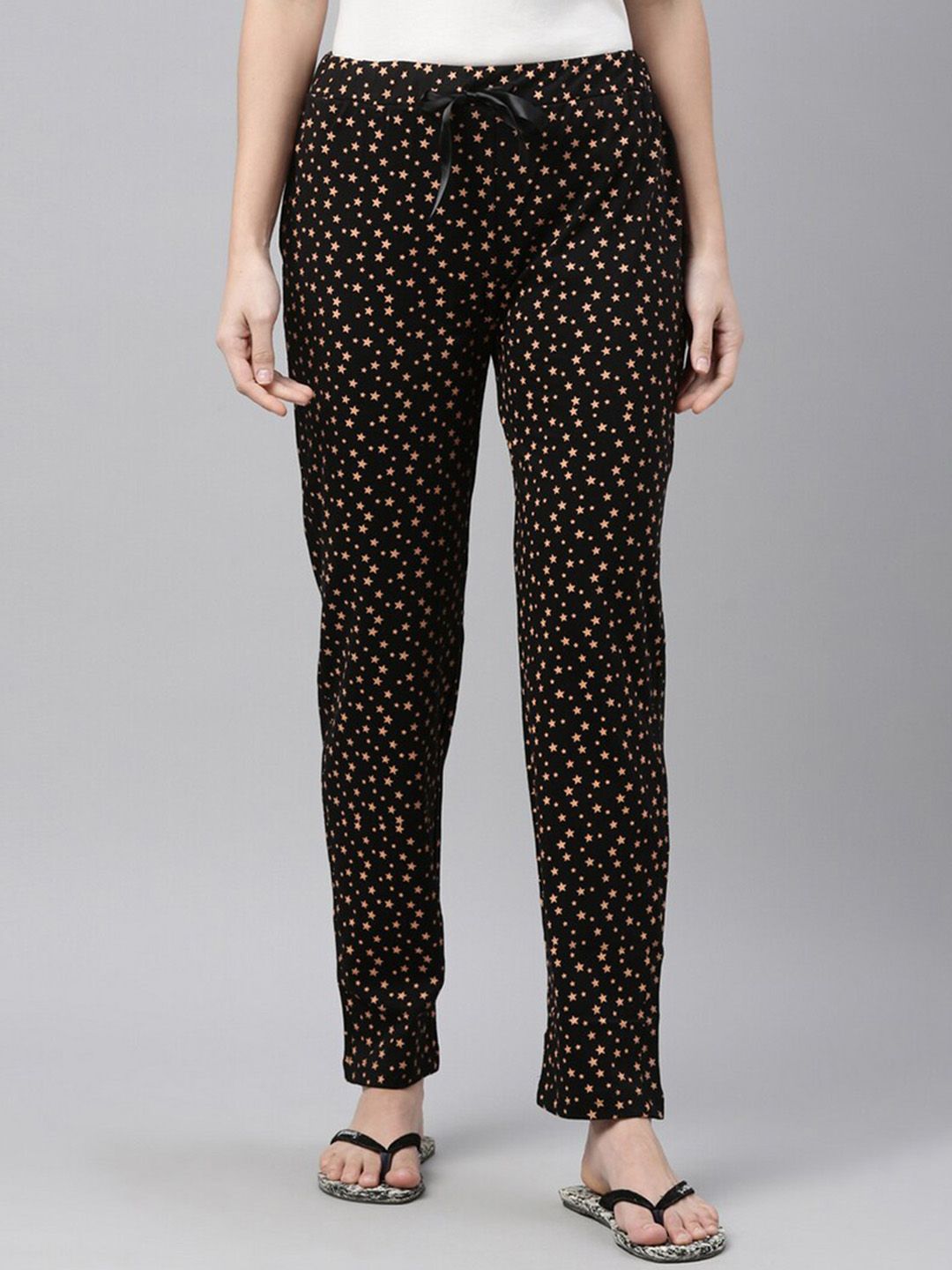 Enviously Young Women Black & Orange Printed Pure Cotton Lounge Pants Price in India