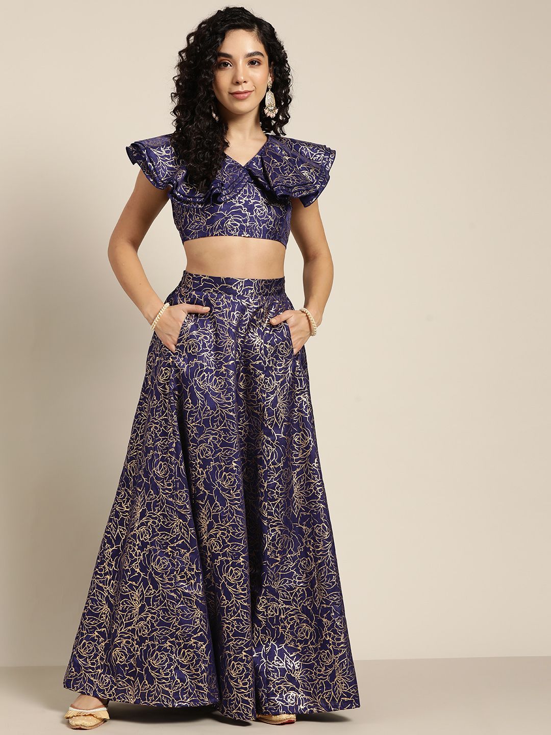 Shae by SASSAFRAS Navy Blue & Golden Printed Foil Crop Top With Anarkali Skirt Price in India