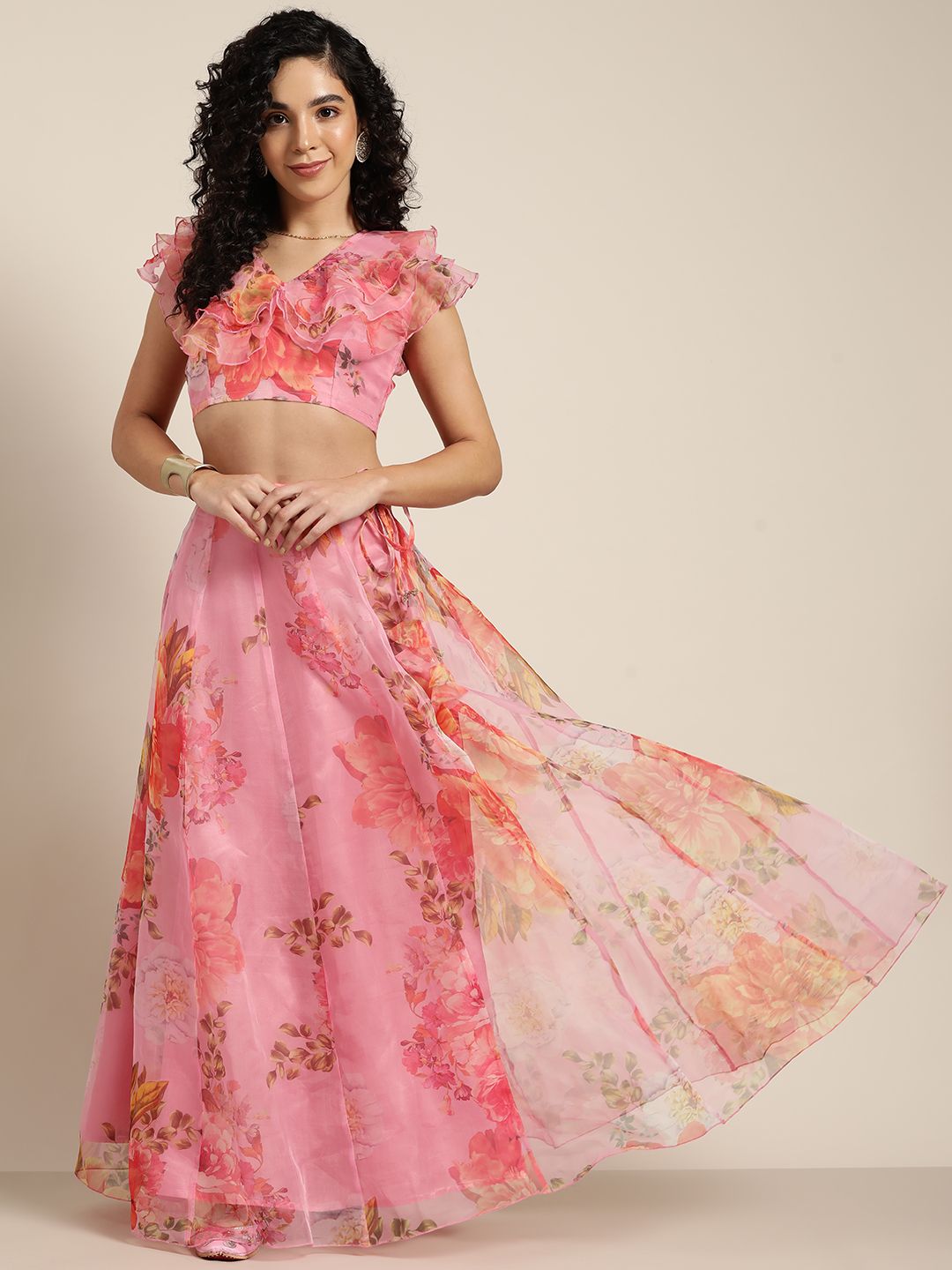 Shae by SASSAFRAS Pink Printed Ready to Wear Organza Lehenga Price in India