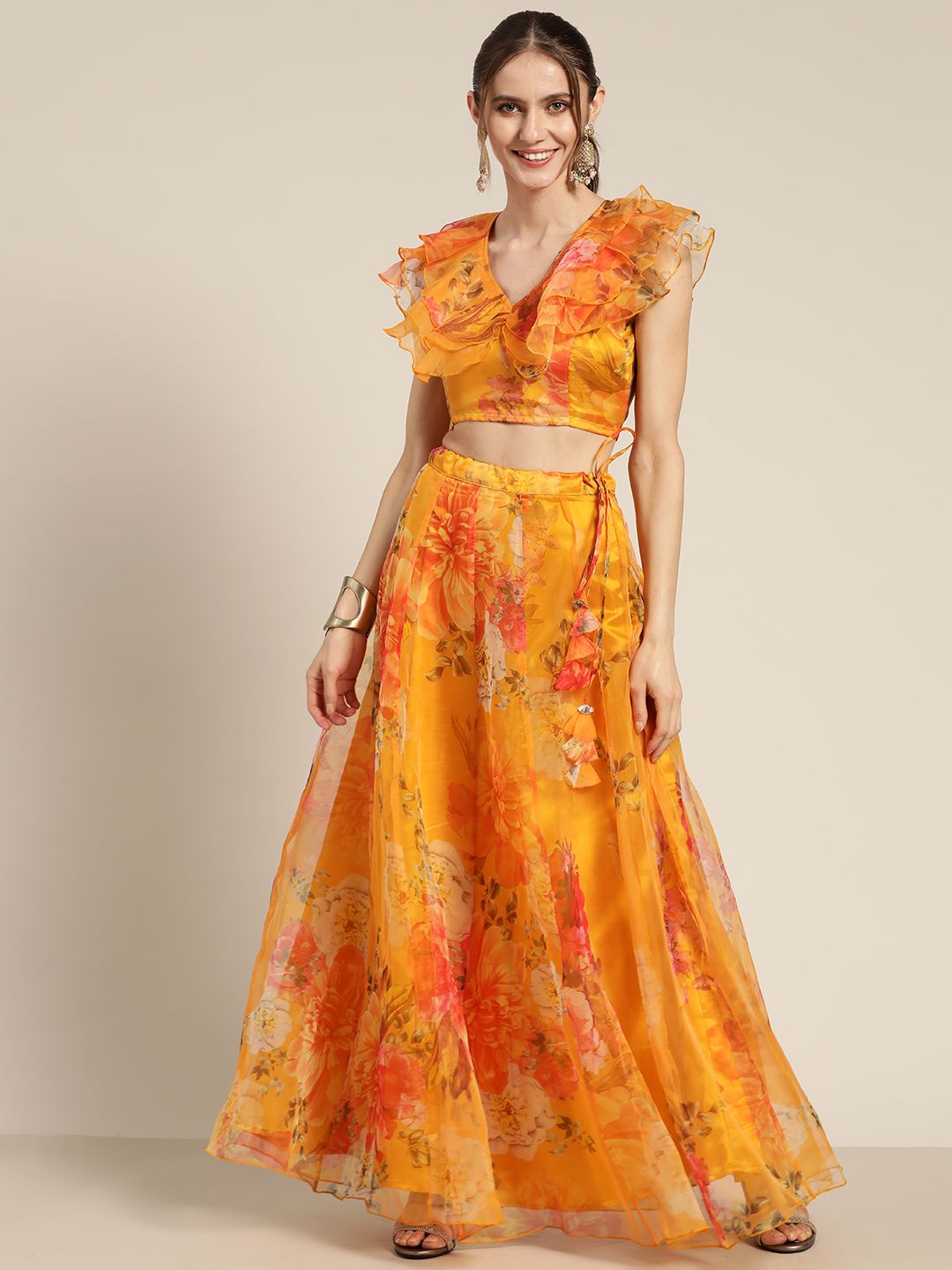 Shae by SASSAFRAS Yellow & Red Printed Ready to Wear Organza Lehenga Price in India