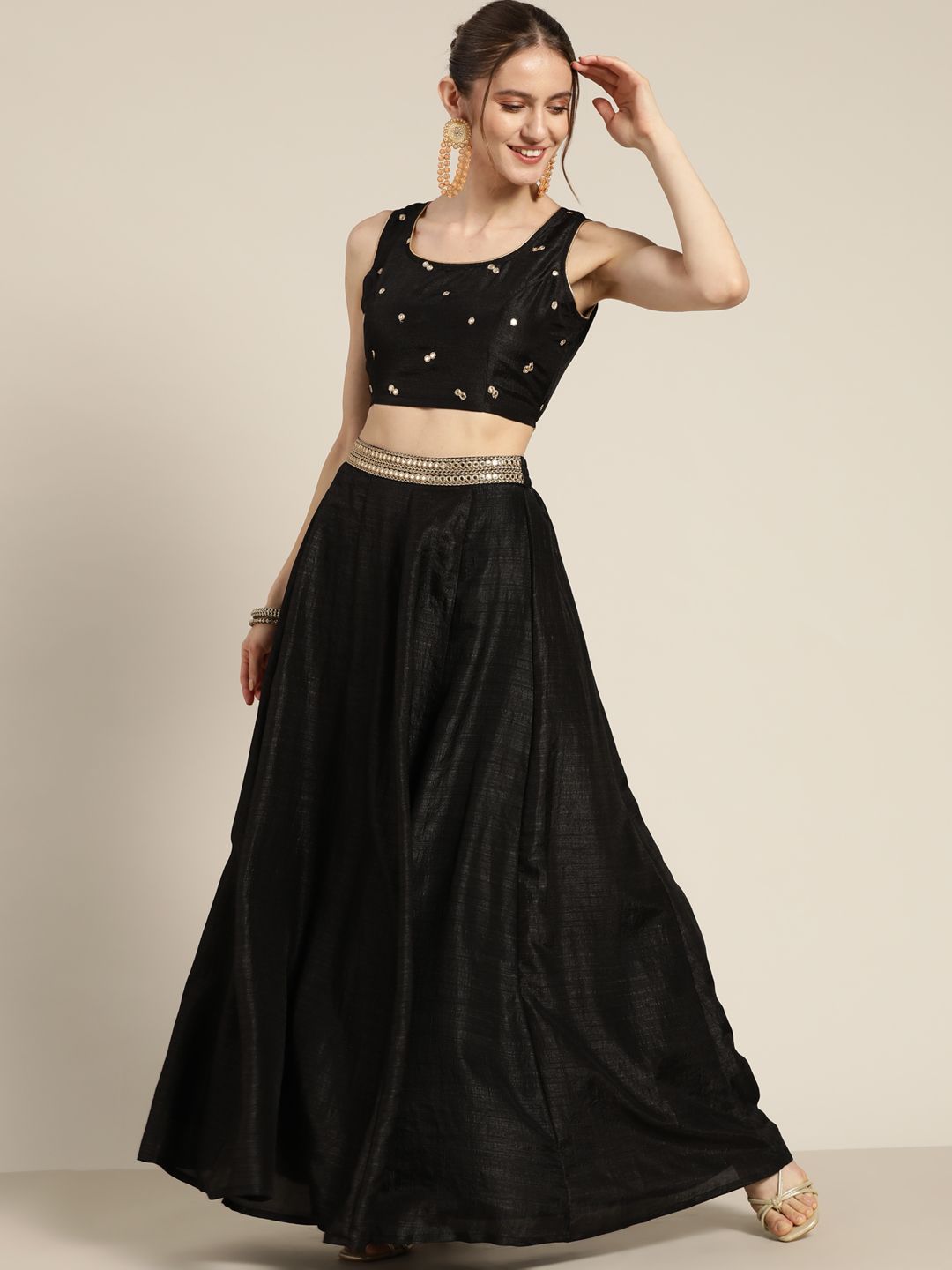 Shae by SASSAFRAS Black Embroidered Mirror Work Ready to Wear Lehenga Price in India