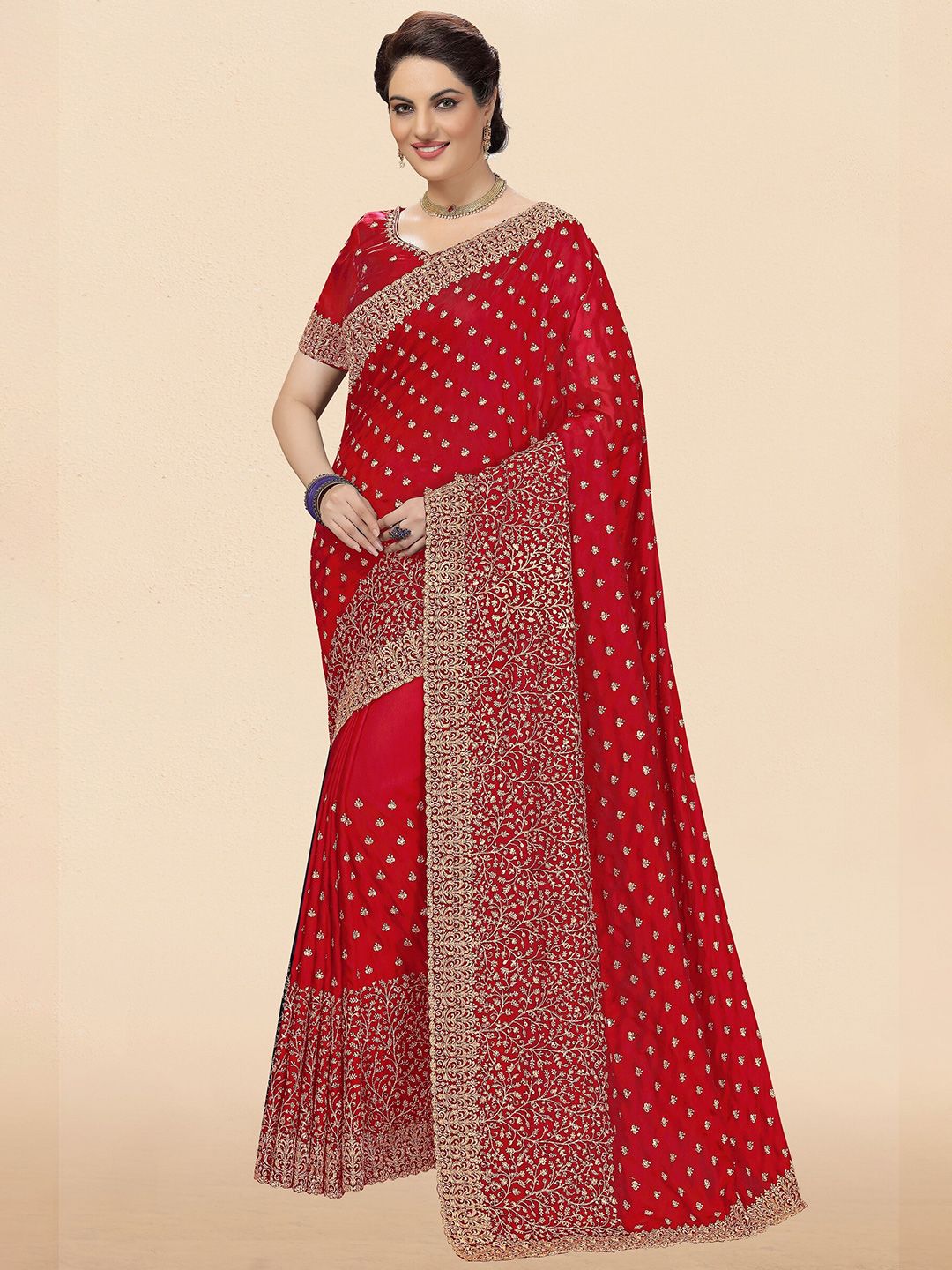 Trendmalls Red & Gold-Toned Floral Zari Pure Silk Heavy Embroidered saree