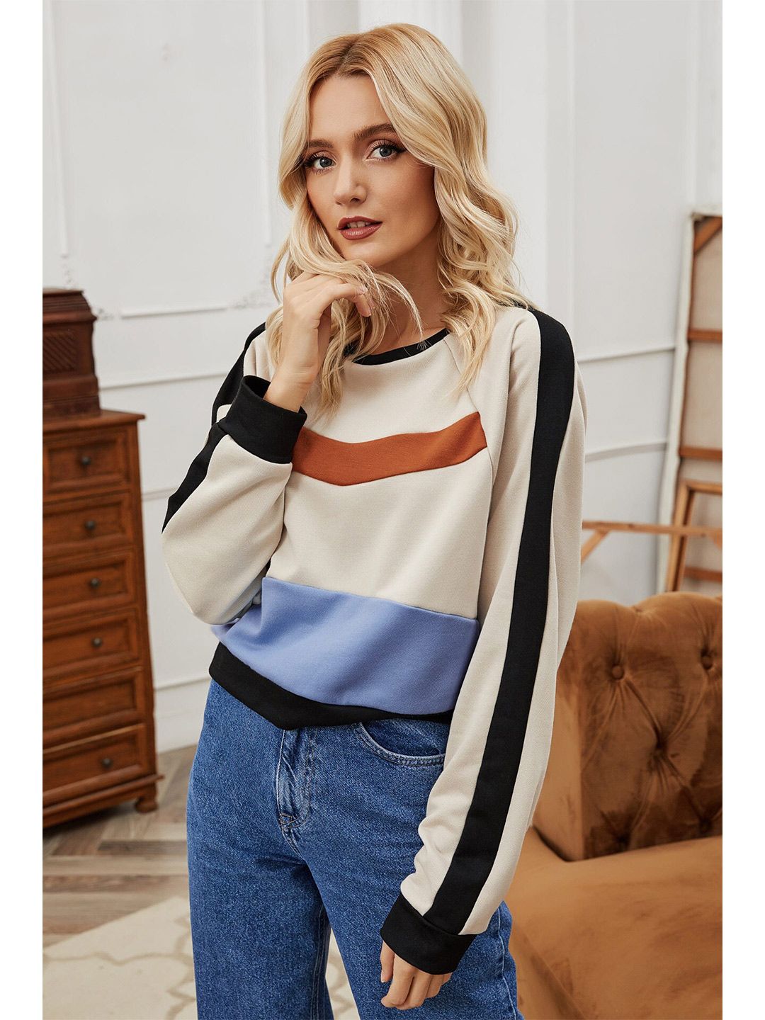 BoStreet Women Cream & Black Colourblocked  Sweatshirt Price in India