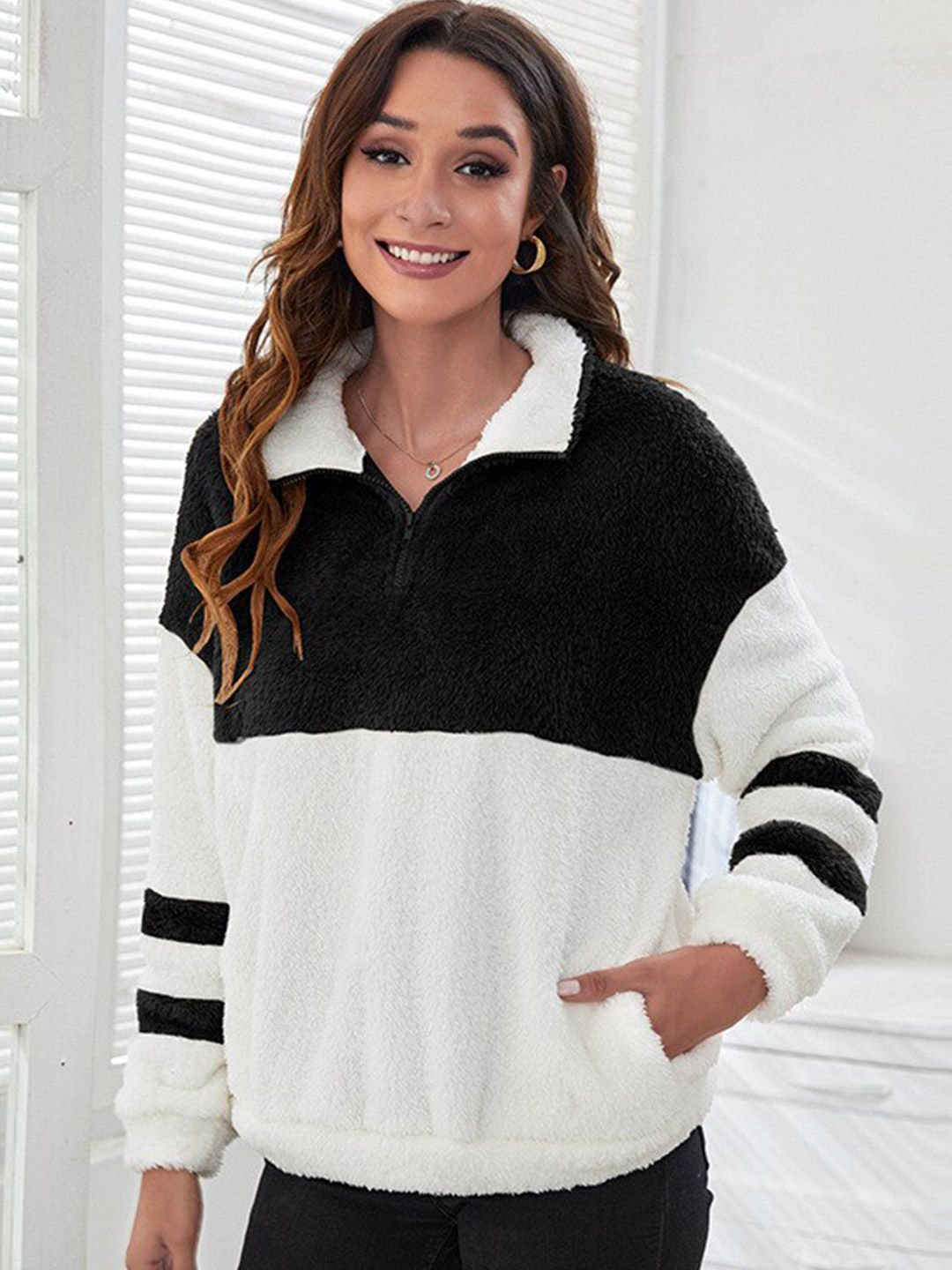 BoStreet Women Black and white Colourblocked Sweatshirt Price in India