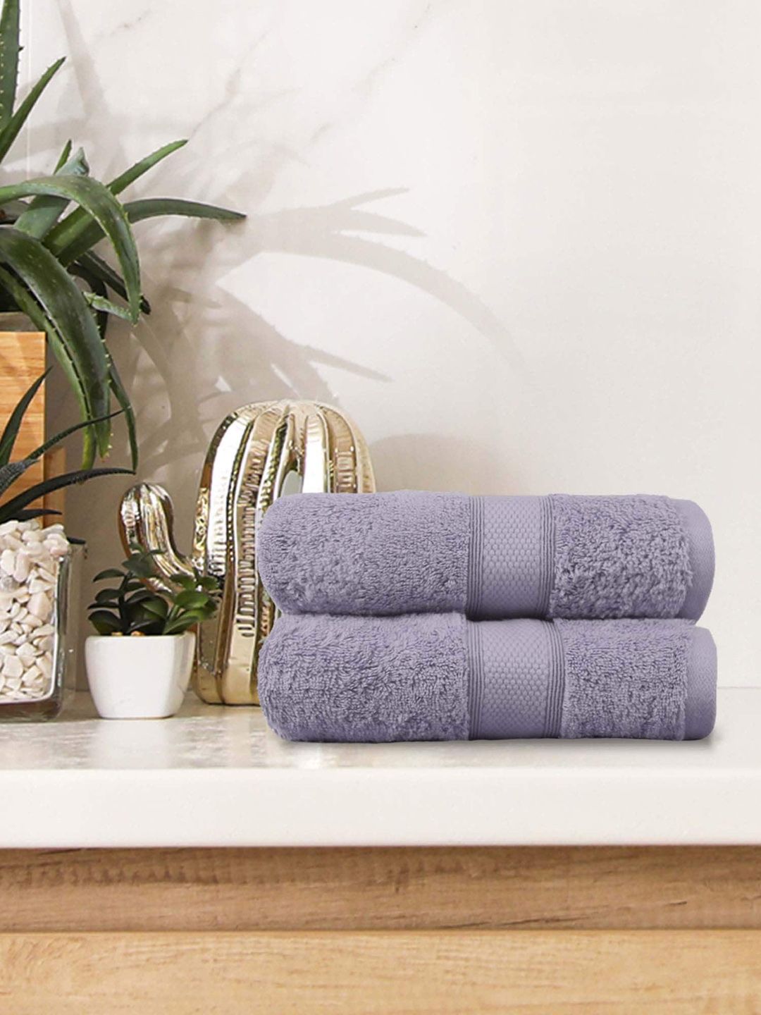 Trident Set Of 2 Purple Solid 500 GSM Cotton Hand Towels Price in India