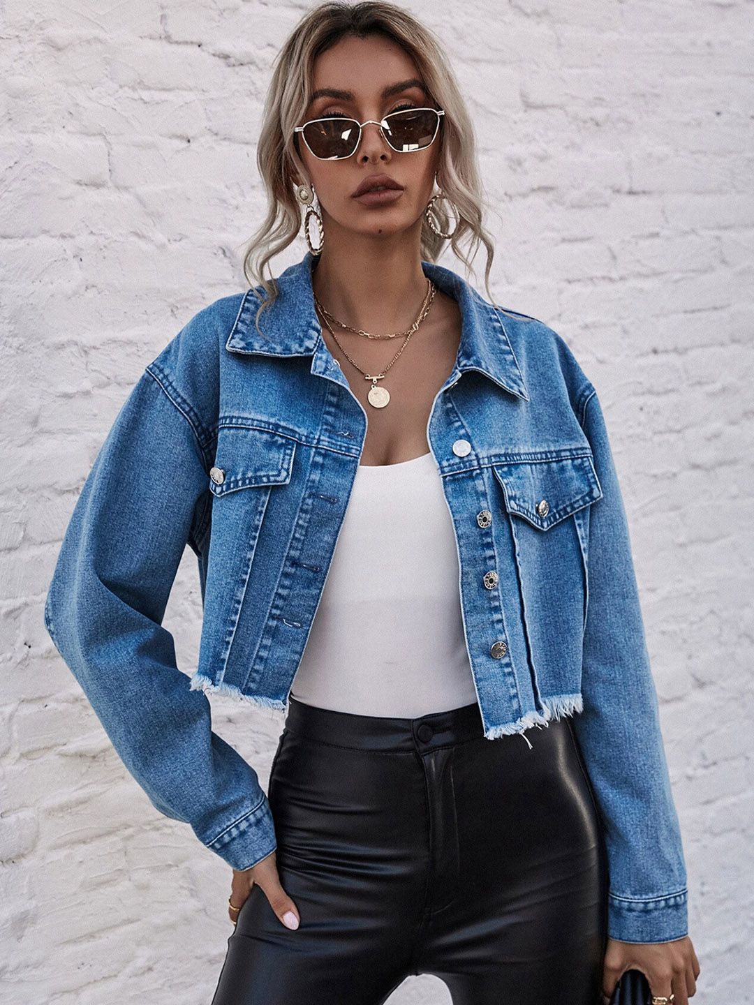 BoStreet Women Blue Washed Crop Denim Jacket Price in India