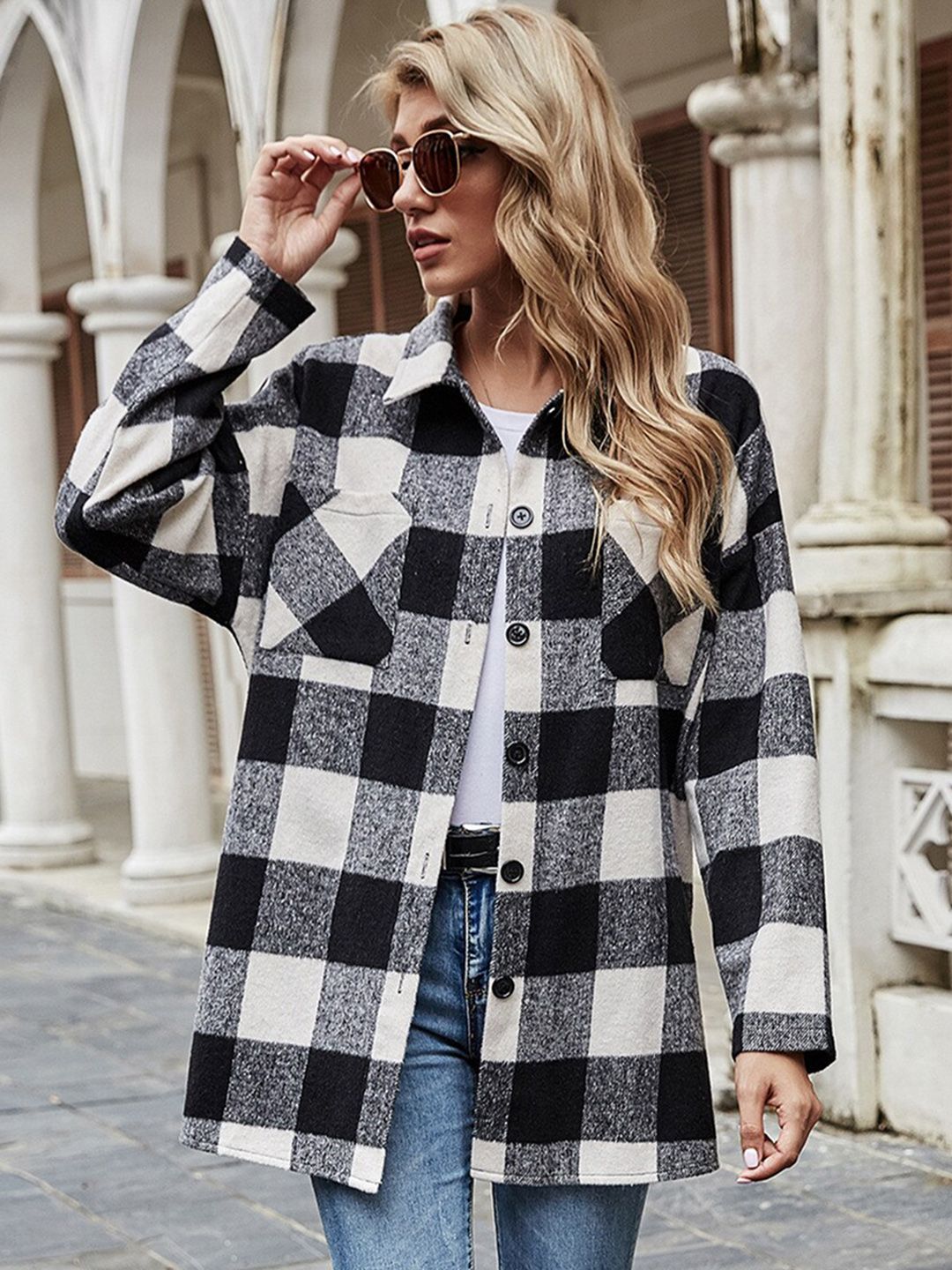 BoStreet Women Black Checked Longline Tailored Jacket Price in India