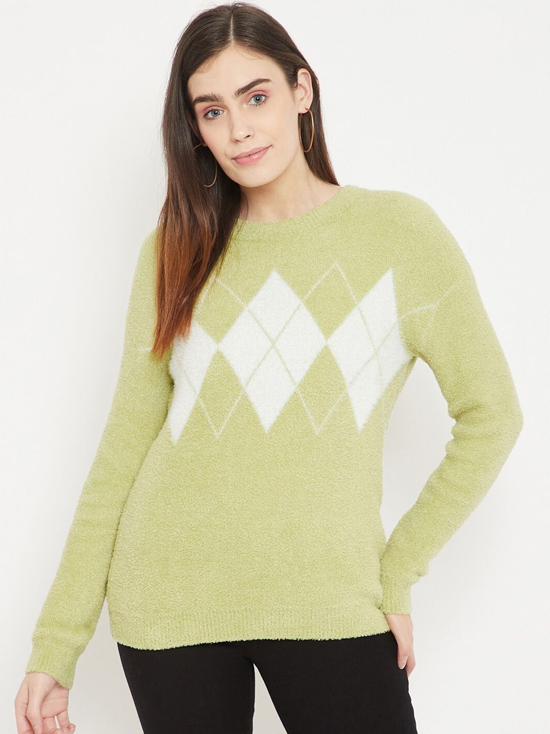 Madame Women Green & White Checked Colourblocked Pullover Price in India