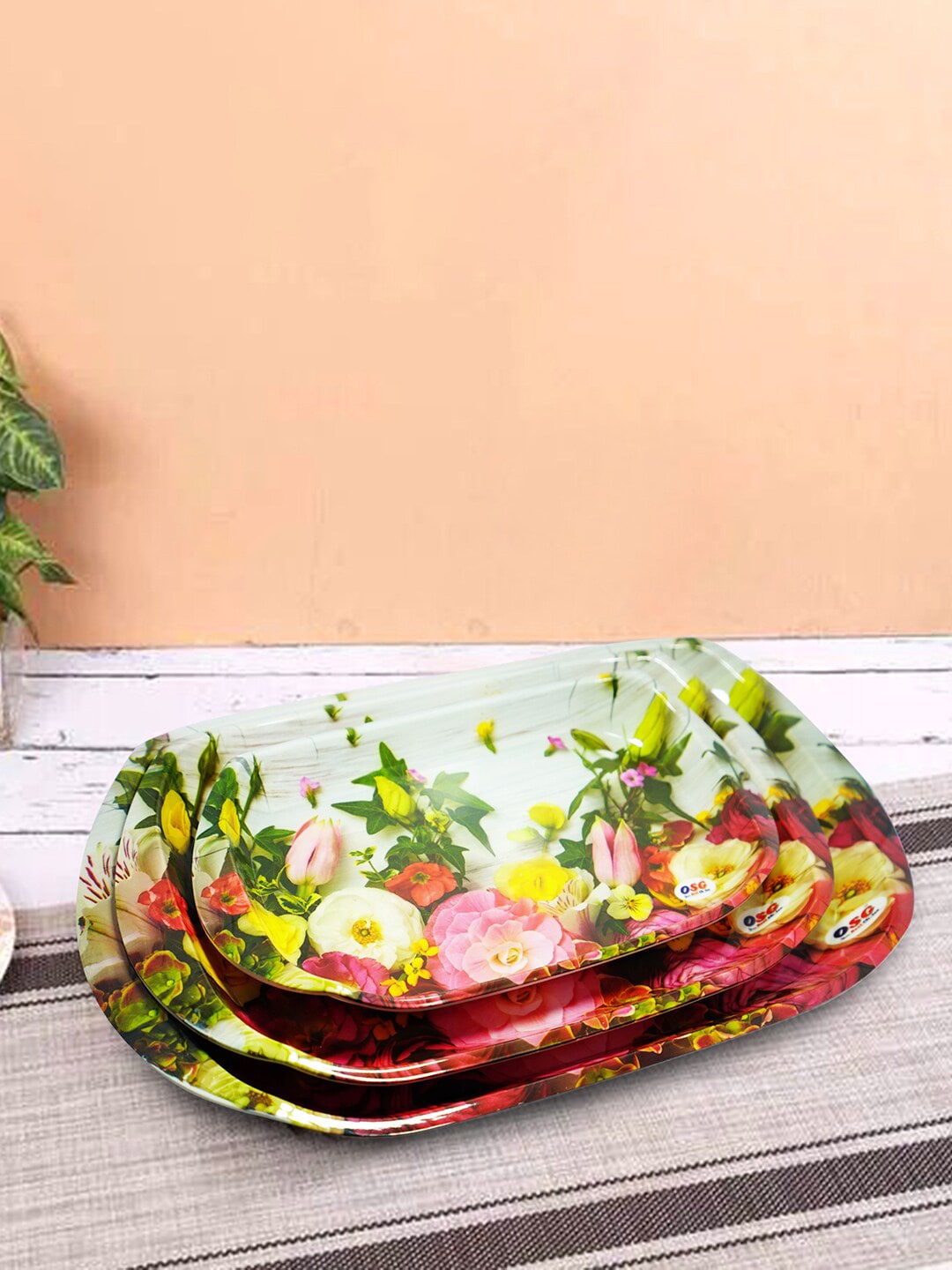 Gallery99 Set Of 3 White & Pink Floral Printed Serving Trays Price in India
