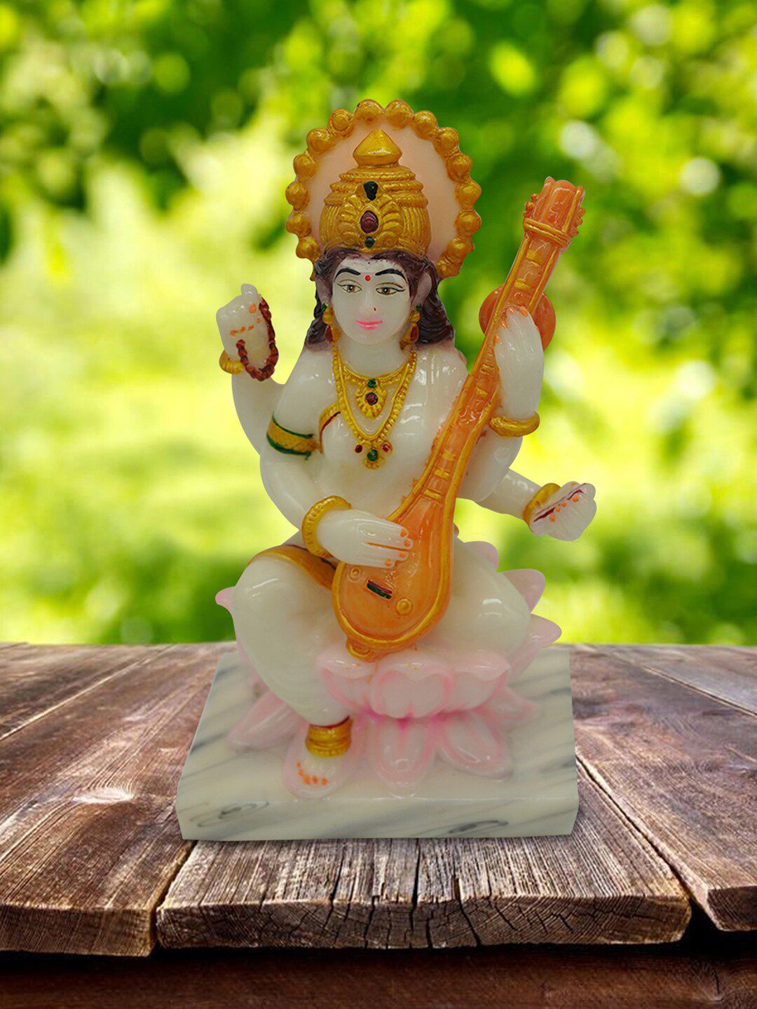 Gallery99 White & Orange Marble Mata Saraswati Idol Showpieces Price in India