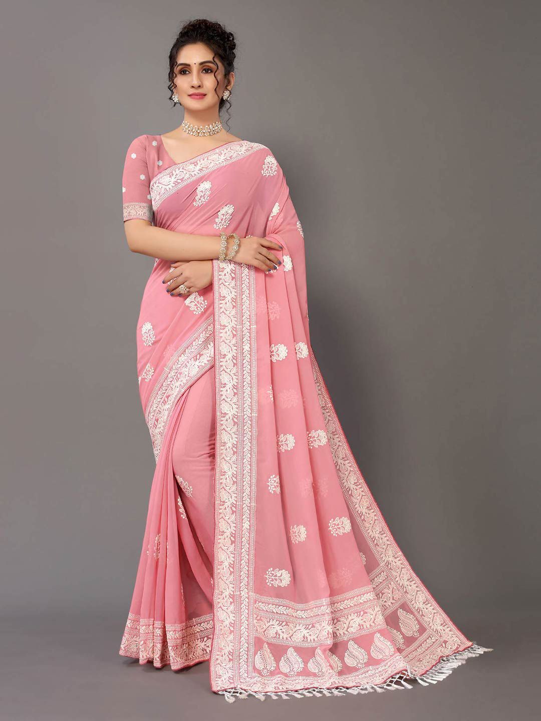 HRITIKA Pink & White Floral Chikankari Pure Georgette Saree Price in India