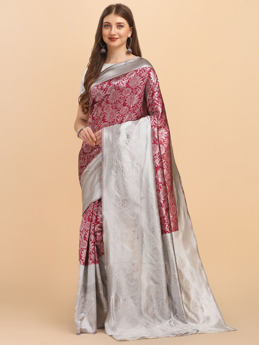 Jinax Magenta & Silver-Toned Floral Zari Pure Silk Banarasi Saree Price in India
