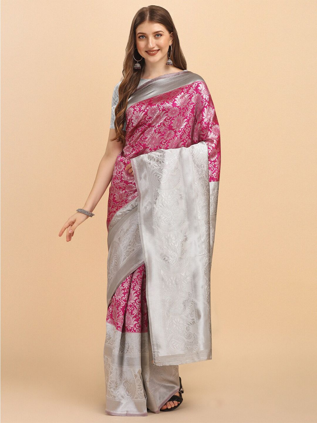 Jinax Pink & Silver-Toned Woven Design Zari Pure Silk Banarasi Saree Price in India