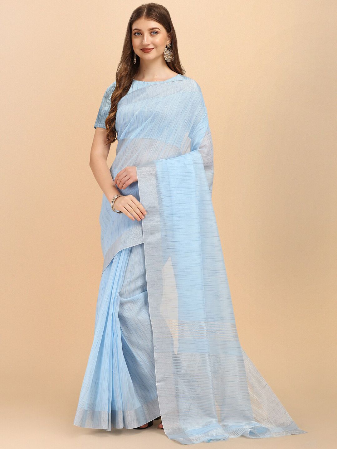 Jinax Blue & Silver-Toned Woven Design Zari Pure Silk Saree Price in India