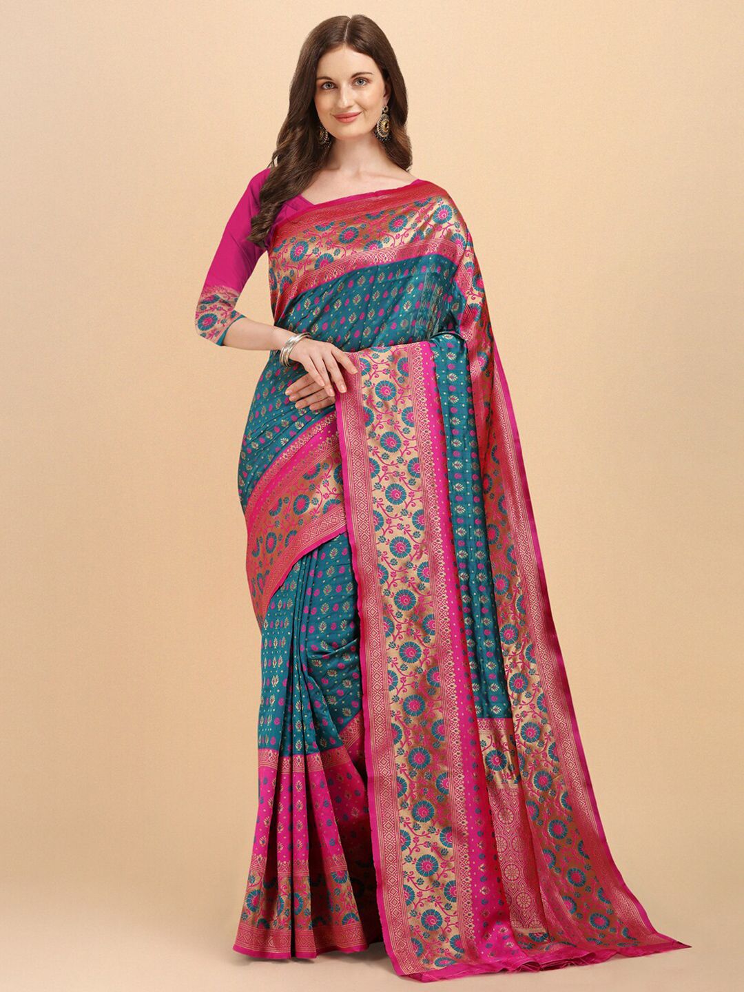 Jinax Teal & Pink Woven Design Zari Pure Silk Banarasi Saree Price in India