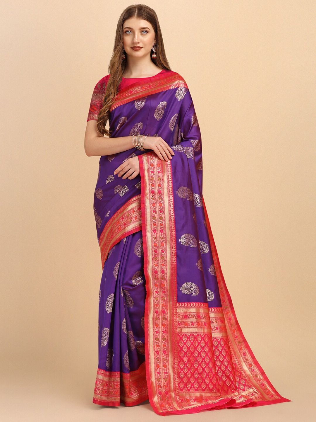 Jinax Purple & Red Woven Design Zari Pure Silk Banarasi Saree Price in India