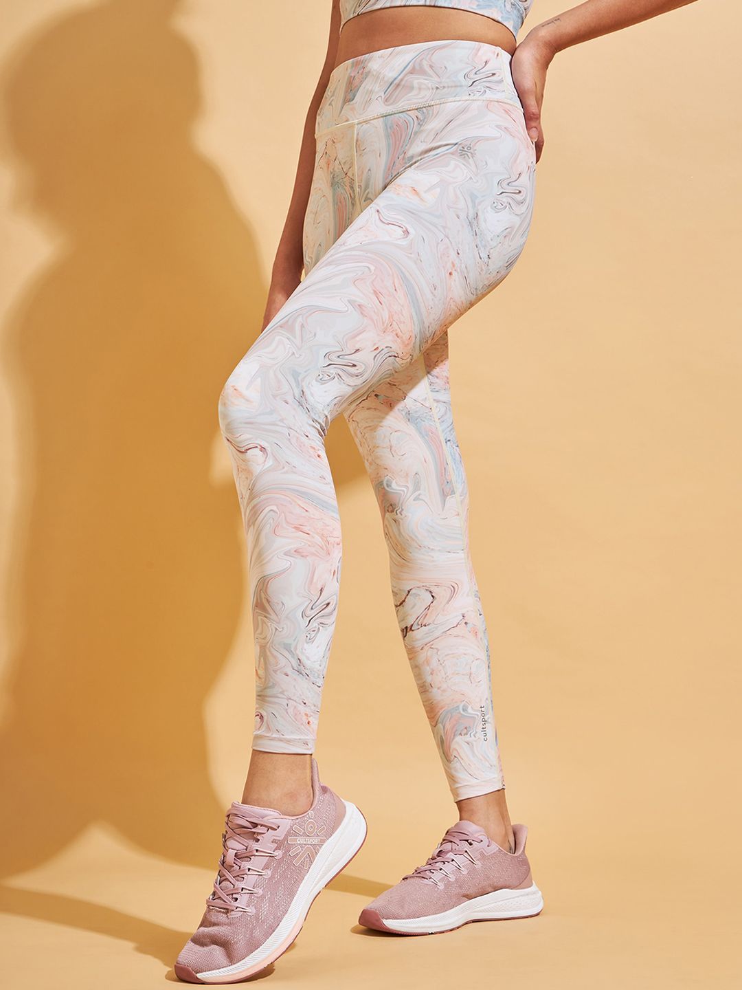 Cultsport Women Peach and Grey Marble Printed Ankle-Length Yoga Tights Price in India