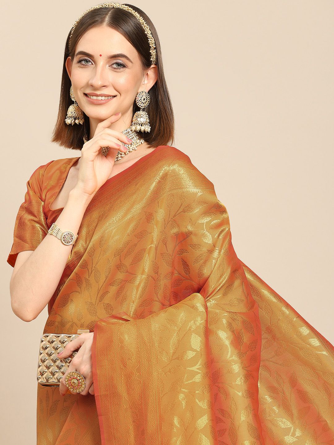 all about you Mustard Yellow & Gold-Toned Woven Design Zari Silk Blend Kanjeevaram Saree Price in India
