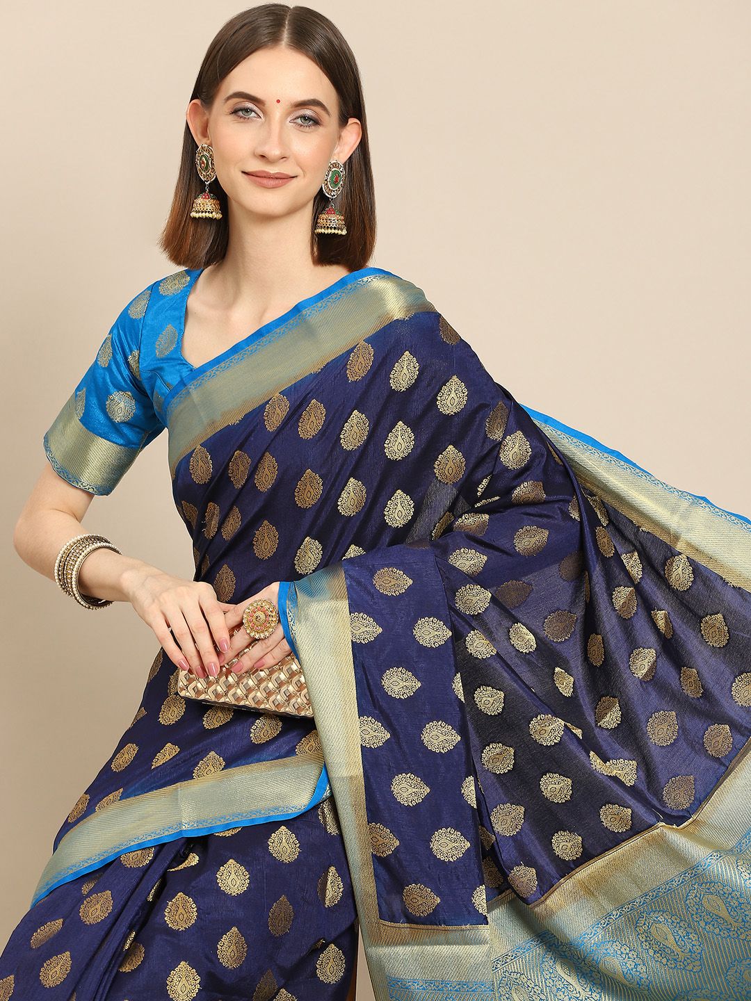 all about you Navy Blue & Gold-Toned Woven Design Zari Silk Blend Kanjeevaram Saree Price in India