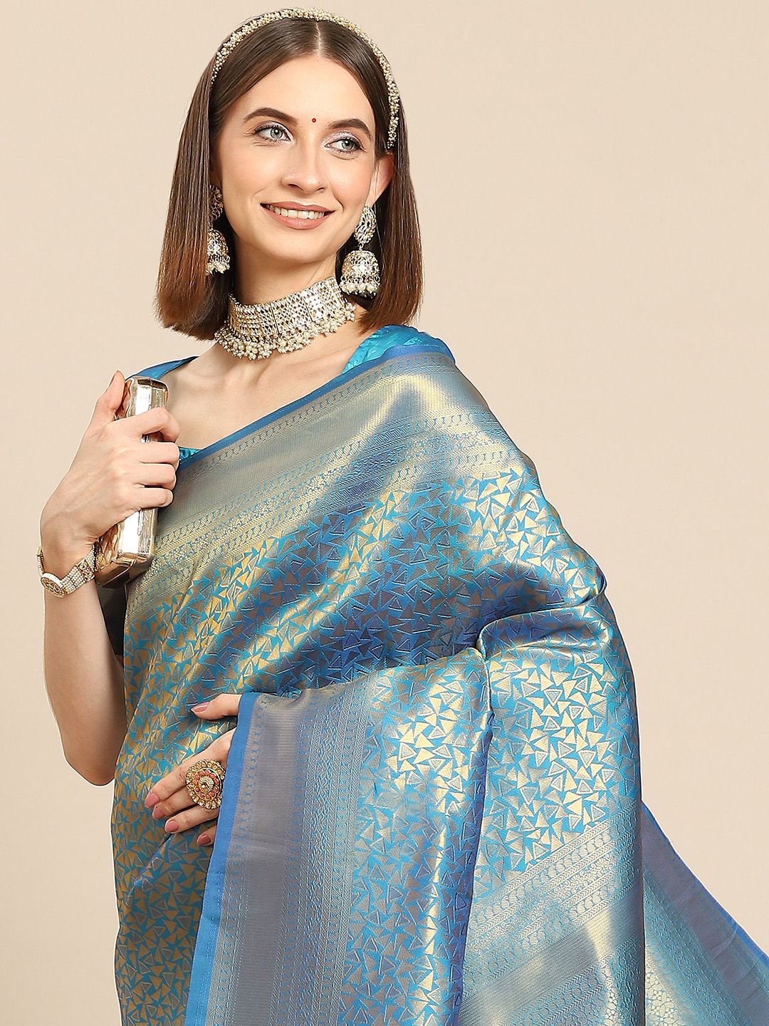 all about you Teal Blue & Gold-Toned Woven Design Silk Blend Kanjeevaram Saree Price in India