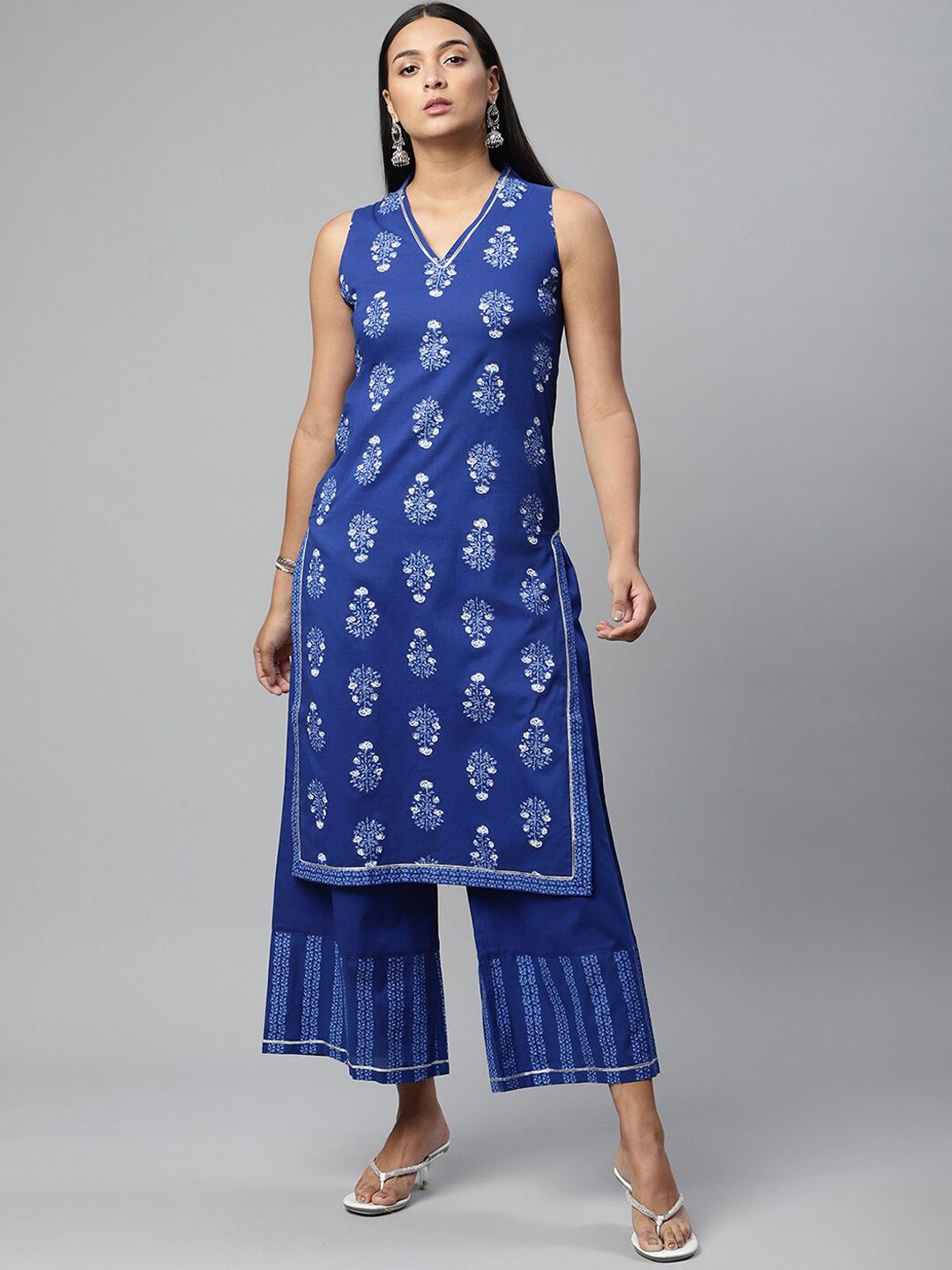 Ahalyaa Women Blue Floral Printed Pure Cotton Kurti with Palazzos Price in India