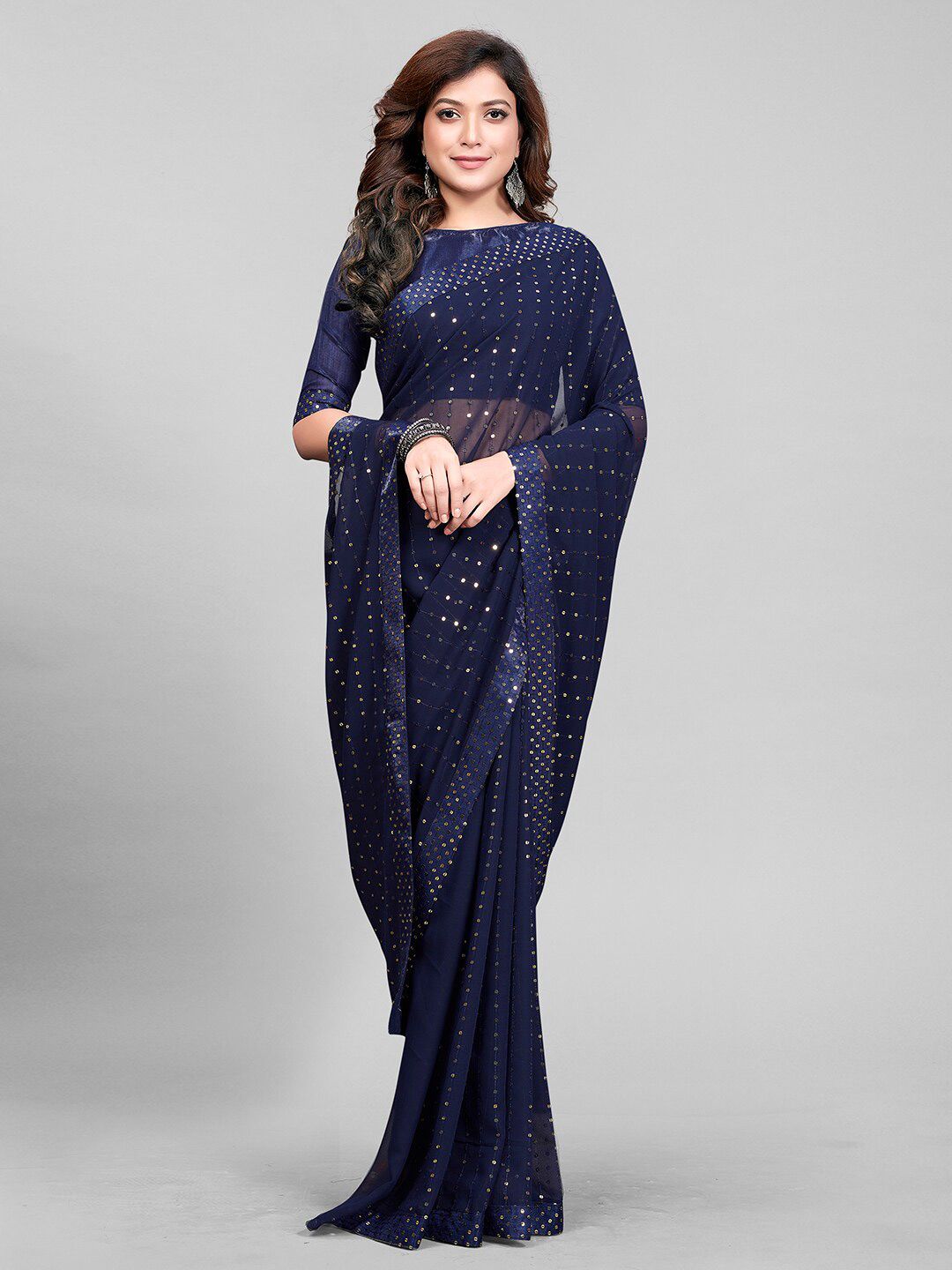 Granthva Fab Navy Blue Embellished Georgette Ready to Wear Saree