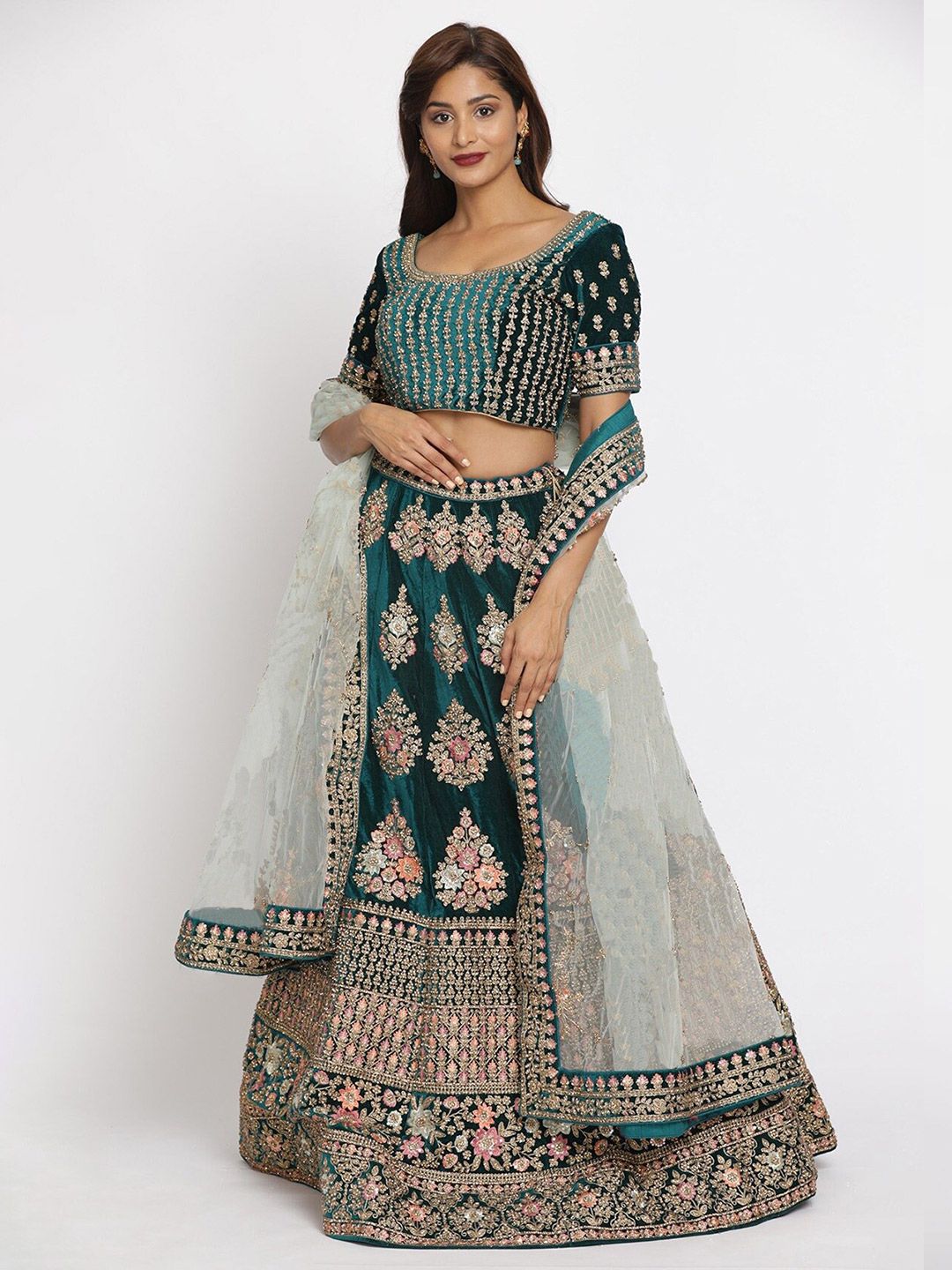 RIVAMA Green & Gold-Toned Embroidered Sequinned Shibori Semi-Stitched Lehenga Choli Price in India