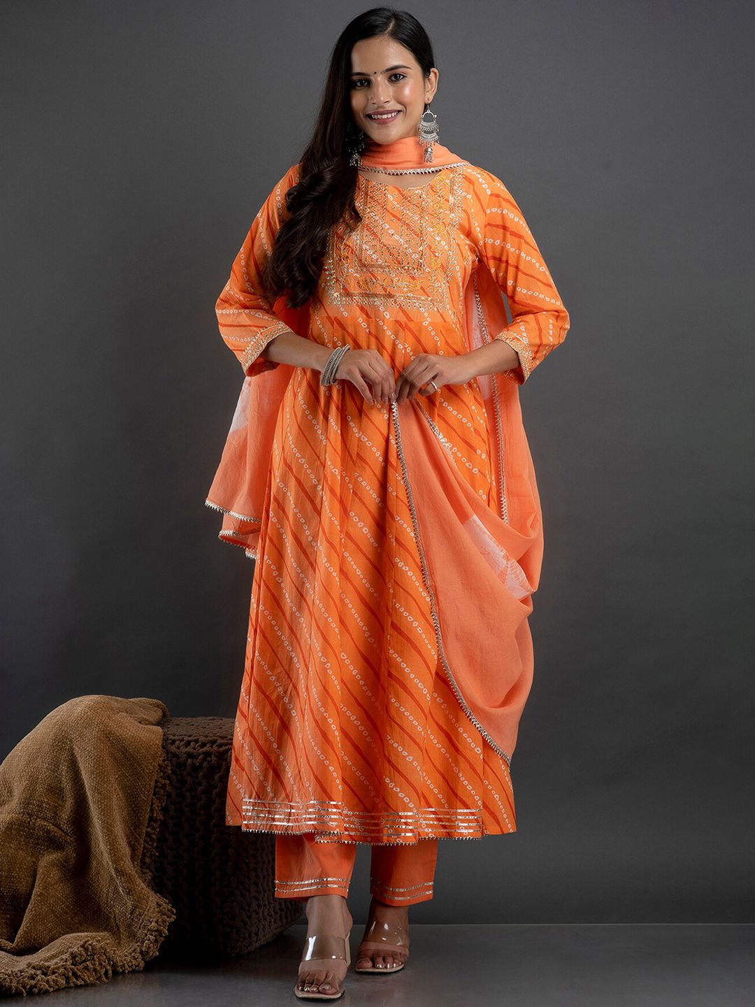 Kesarya Women Orange Bandhani Leheriya Flared Anarkali Kurta with Trouser and dupatta Price in India