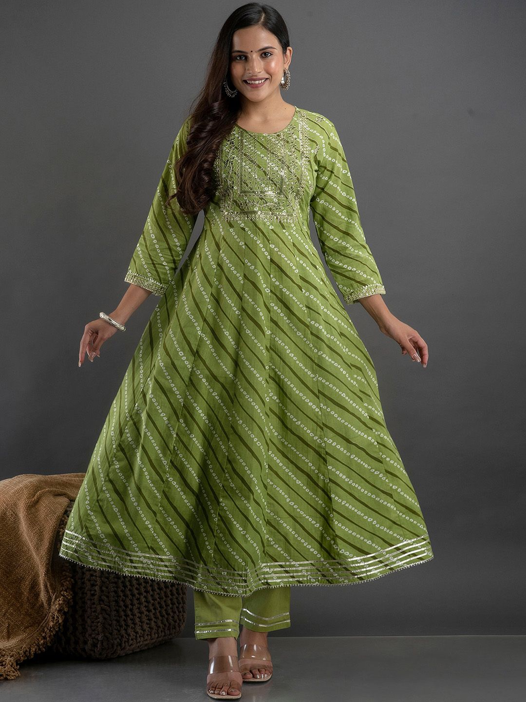 Kesarya Women Green Leheriya Embroidered Empire Pure Cotton Kurti with Trousers & With Dupatta Price in India