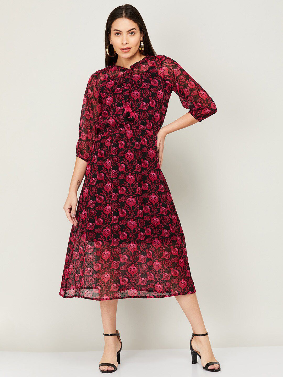 Colour Me by Melange Black & Red Floral A-Line Midi Dress Price in India