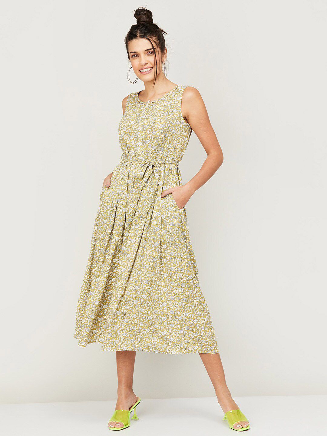 Colour Me by Melange Olive Green Floral A-Line Midi Dress Price in India