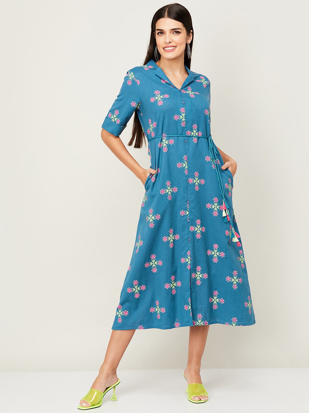 Colour Me by Melange Blue Floral A-Line Midi Dress Price in India