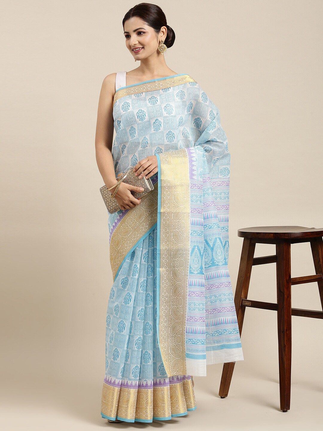 The Chennai Silks Blue & White Floral Zari Pure Cotton Fusion Saree