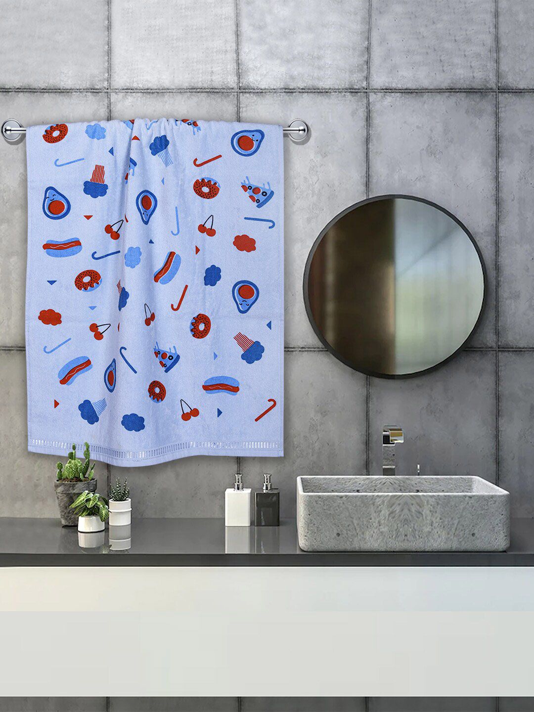 RANGOLI Blue Conversational Pure Cotton 380GSM Lightweight Kids Regular Bath Towel-24x47In