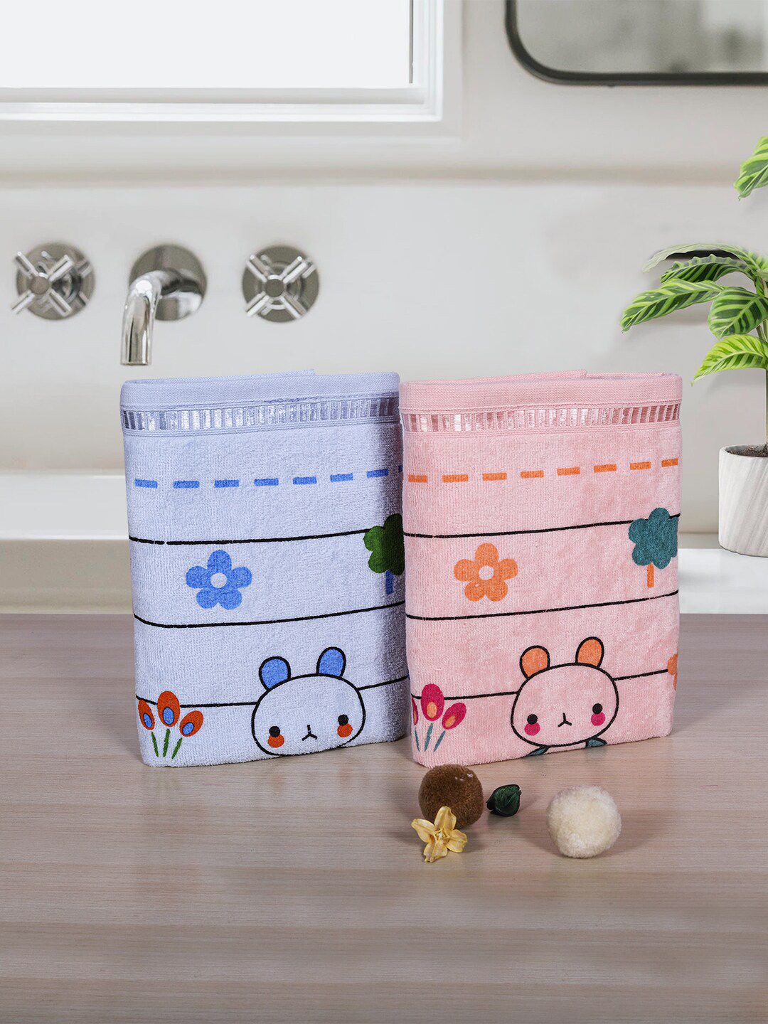 RANGOLI Kids Pack of 2 Blue & Pink Bath Towel Set