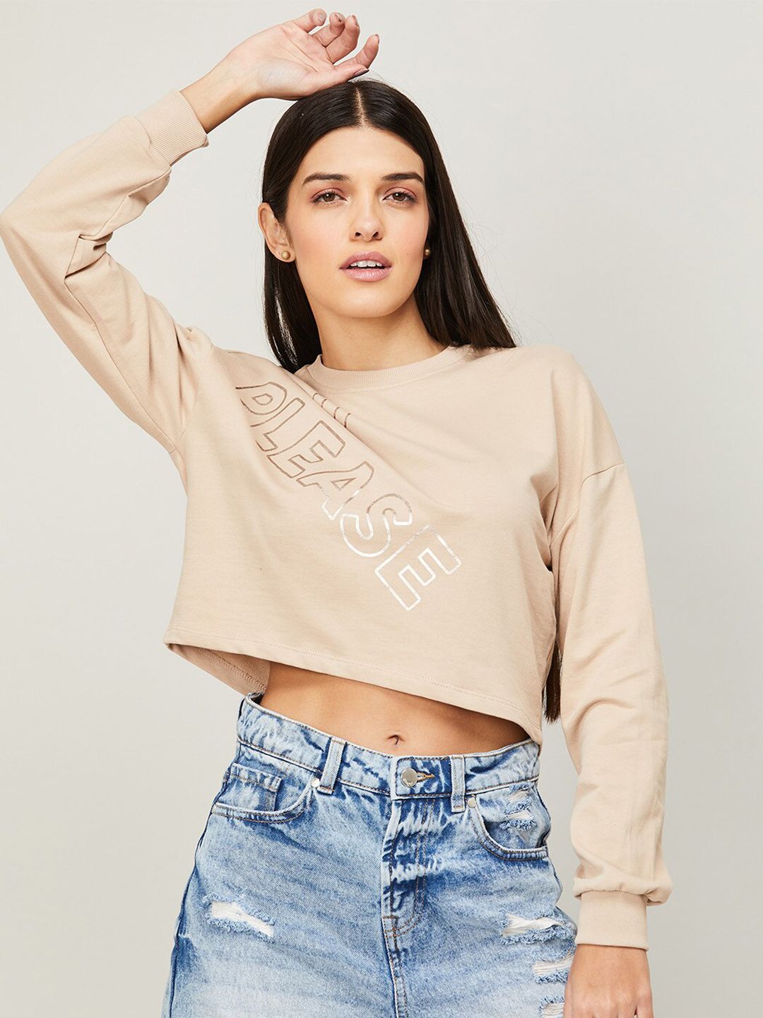 Ginger by Lifestyle Women Beige Crop Sweatshirt Price in India