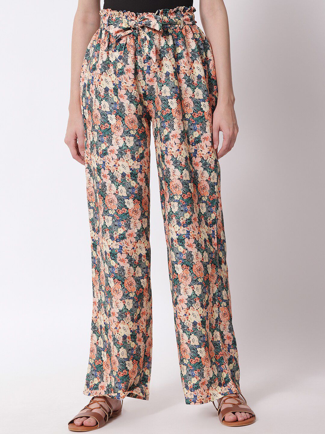 Kotty Women Peach-Coloured Floral Printed Relaxed High-Rise Trousers Price in India