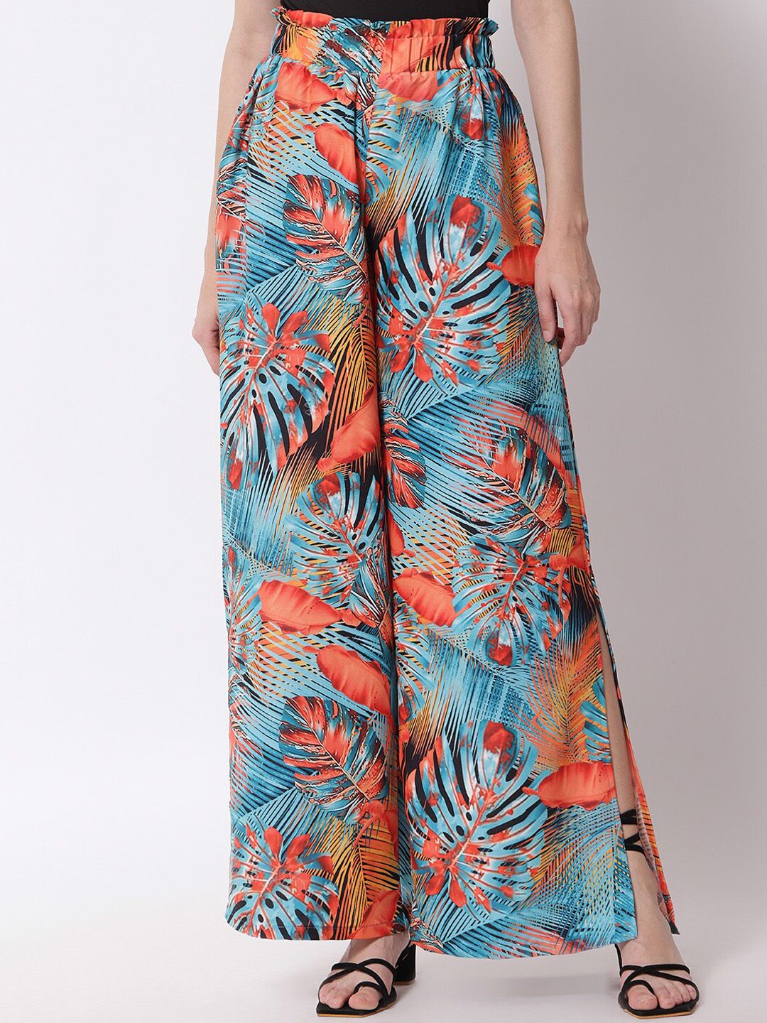 Kotty Women Blue Floral Printed Relaxed Flared High-Rise Easy Wash Pleated Trousers Price in India