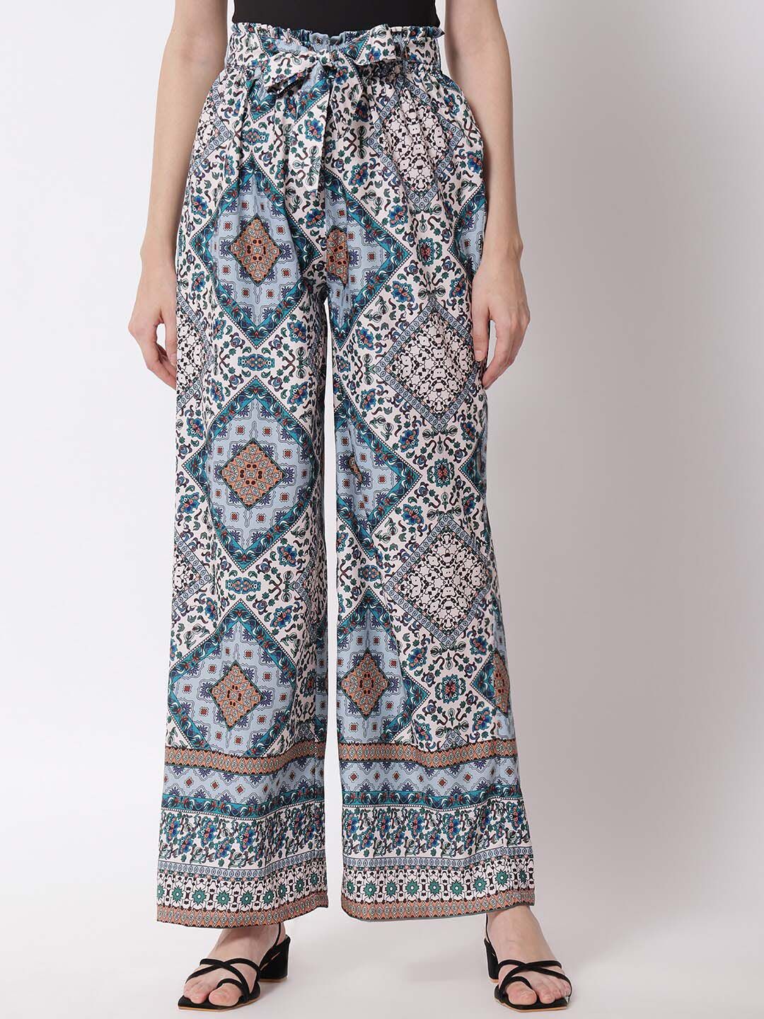 Kotty Women Blue and White Ethnic Motifs Printed Relaxed High-Rise Easy Wash Trousers Price in India