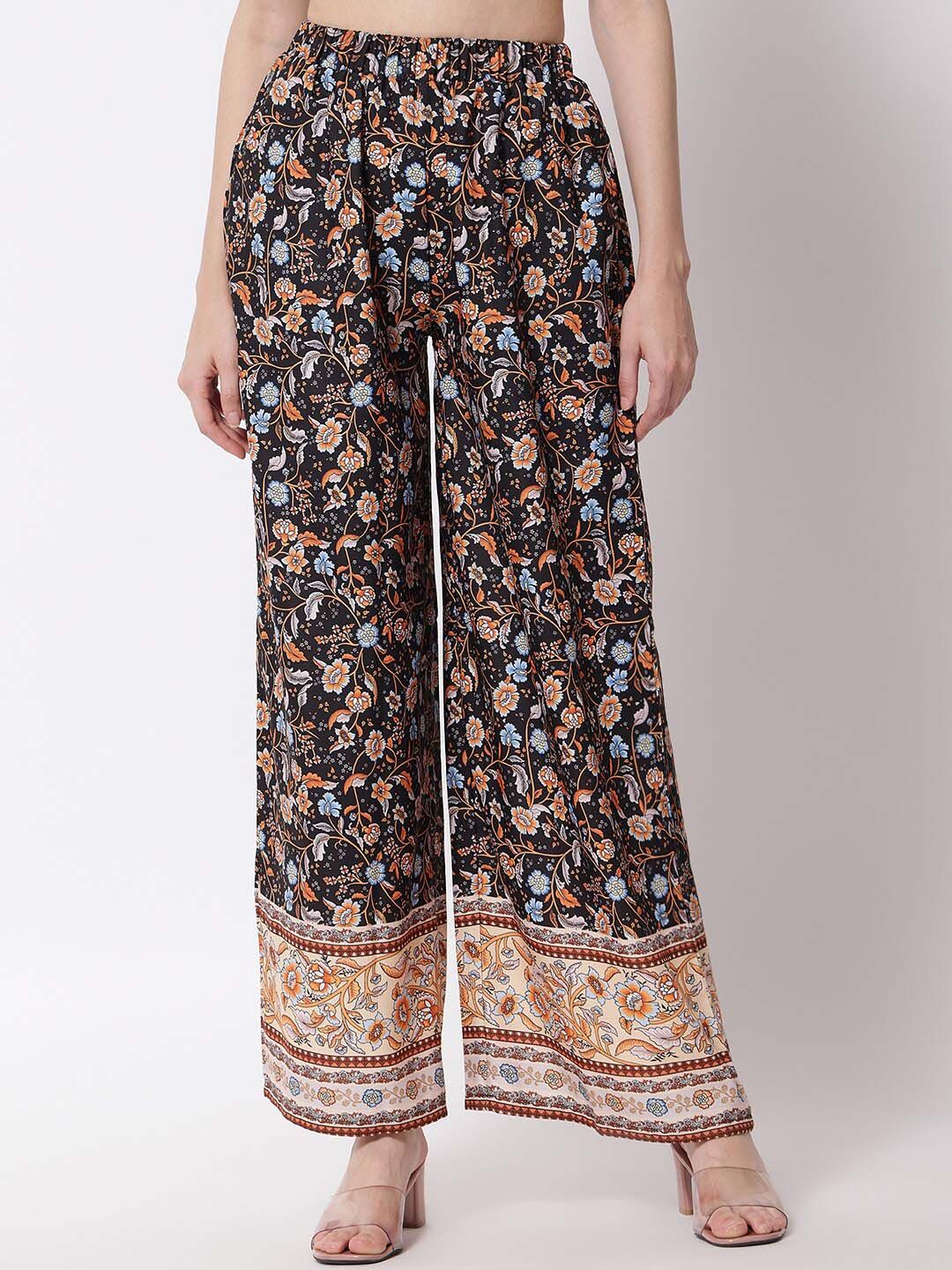 Kotty Women Brown Ethnic Motifs Printed Relaxed Flared High-Rise Easy Wash Trousers Price in India