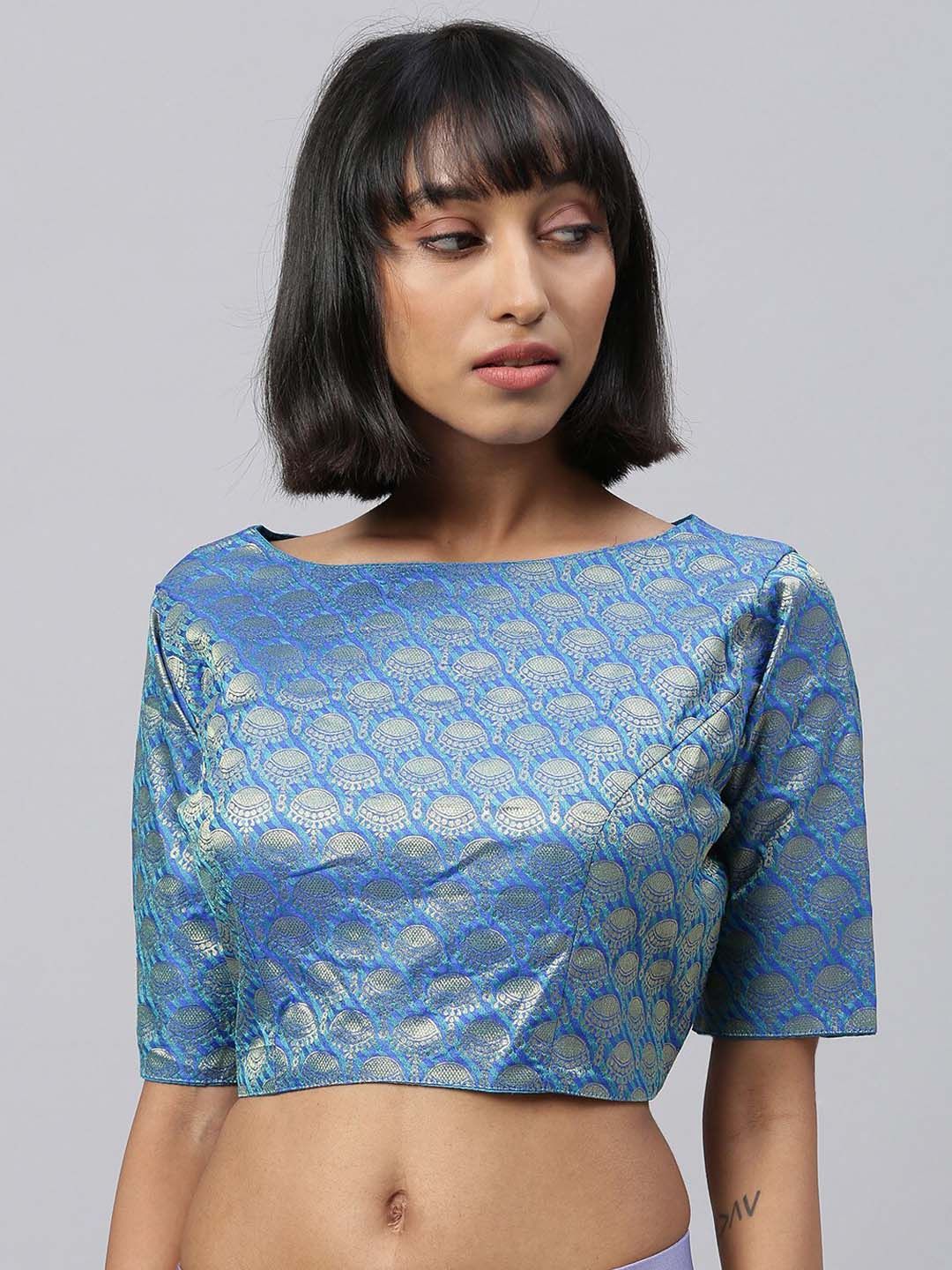 Fab Viva Women Blue Woven-Design Jacquard Saree Blouse Price in India